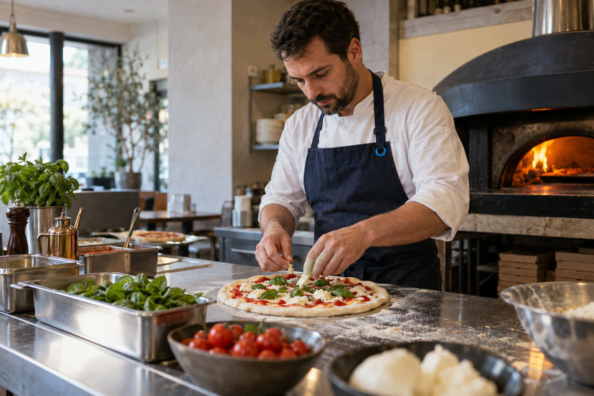 Pizzaiolo préparant une pizza dans son restaurant
